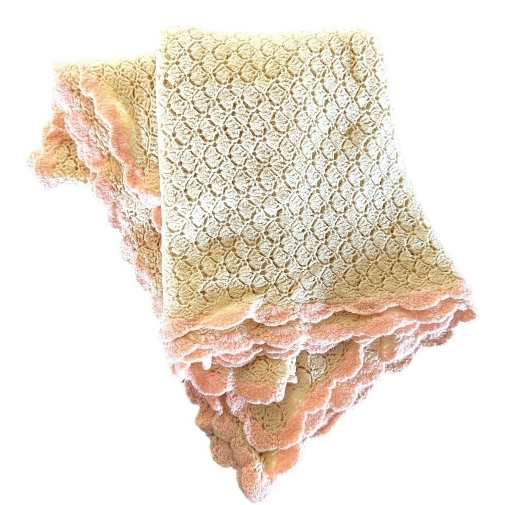 VINTAGE, BEAUTIFULLY HANDMADE, BABY BLANKET. CREAM COLOR WITH PINK TRIM.